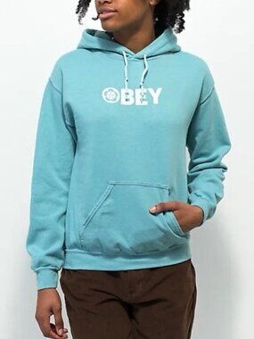 Obey Worldwide Hoodie L Teal Pullover Graphic Streetwear Cotton Blend